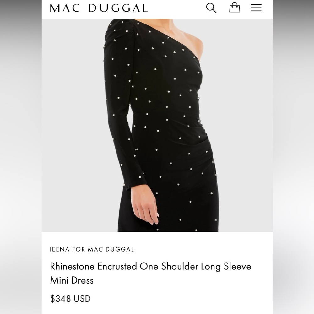 Mac Duggal Black One-Shoulder Rhinestone Encrusted Long Sleeve Dress